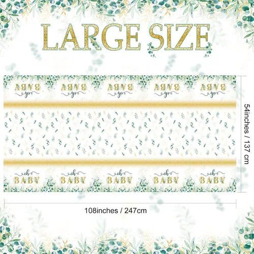 Vista 2 de Tiamon Mantel de 3 piezas de verde salvia para baby shower, 108 x 54 pulgadas, desechable, hojas de eucalipto, mantel rectangular de plástico verde