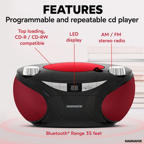 Vista 3 de Magnavox MD6949 Boombox de CD portátil de carga superior con radio estéreo AM/FM y tecnología inalámbrica Bluetooth en negro Compatible