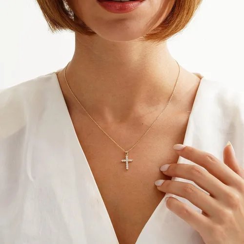 Vista 2 de Tewiky Dainty Cross Necklace for Women, 14K Gold Plated Simple Cross Choker Necklaces Small Cross Pendant Tiny Cute Necklaces Handmade Aesthetic