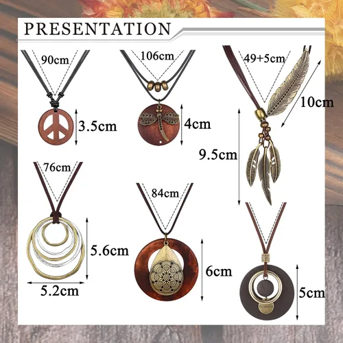 Vista 2 de SAILIMUE Juego de 6 collares largos con colgante para mujer, estilo bohemio, vintage, de madera, otoño, suéter, collar, plumas, libélula de la paz