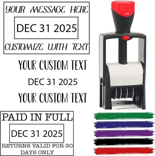 Vista 3 de Sello de fecha de 6 años 2020, autoentintado, personalizable con texto personalizado de 2 a 3 líneas, sello comercial autoentintado, negro, rojo