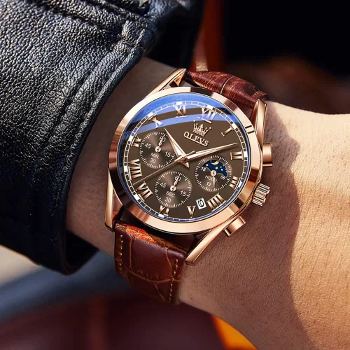 Vista 3 de OLEVS Relojes para hombre, correa de cuero, reloj analógico de cuarzo, reloj impermeable con esfera grande de moda, relojes luminosos de lujo