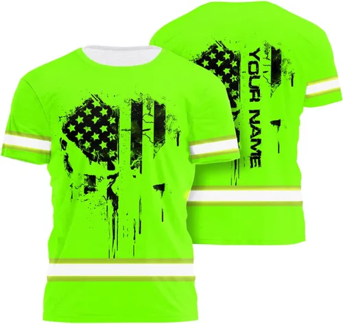 Vista 34 de Camisa de alta visibilidad de calavera con bandera de Estados Unidos para hombres, camisas de seguridad con nombre personalizado, ropa de trabajo