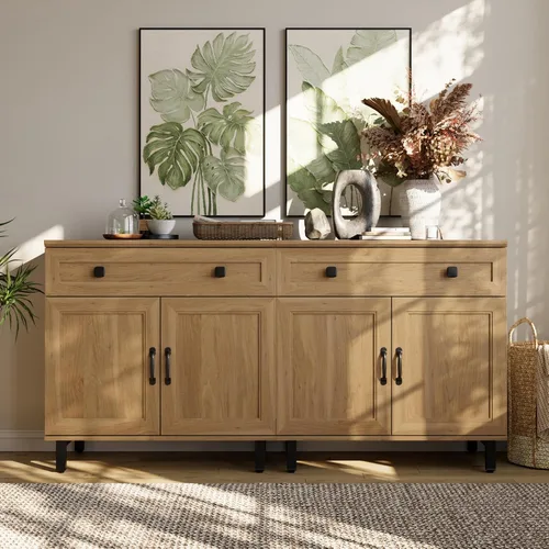 Vista 21 de FENSULN Gabinete de aparador de buffet multifuncional de casa de campo Moderna con estantes ajustables para cocina, barra de café, sala de estar