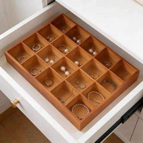 Vista 7 de FUNSUEI Bandeja de madera de 3 compartimentos múltiples, bandeja de madera para servir con 20 secciones, organizador de cajones de madera, caja
