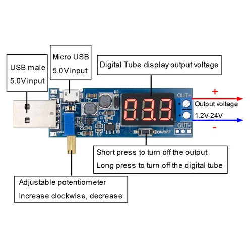 Vista 2 de 2 unids USB Buck Boost Convertidor ajustable Step Up Step Up Módulo de fuente de alimentación Regulador de voltaje DC-DC 5V a 3.3V 9V 12V 18V 24V