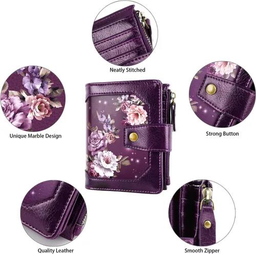 Vista 3 de Cartera pequeña para mujer, con bloqueo RFID, de piel, compacta, con bloqueo RFID, con cremallera y ventana de identificación, flores moradas