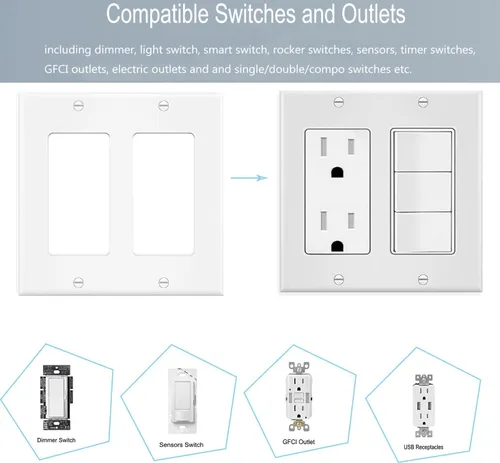 Vista 3 de Placa de pared para interruptor de 2 segmentos, doble decorador, placa frontal eléctrica para interruptor de luz, receptáculo, atenuadores, salida