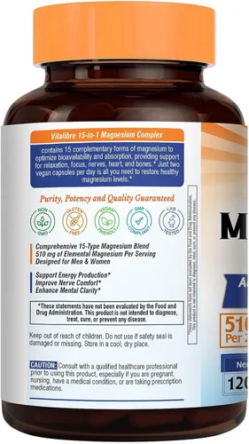 Vista 9 de Vitalibre Complejo de magnesio 15 en 1 de 510 mg para mujeres y hombres