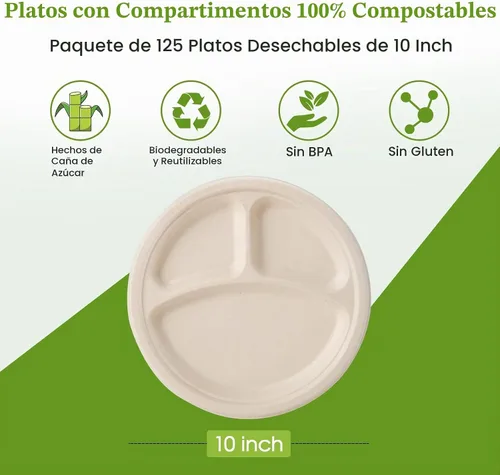 Vista 2 de ECOLipak paquete de 125 platos desechables de 3 compartimentos, platos de papel compostables de 10 pulgadas de alta resistencia, hechos de fibras