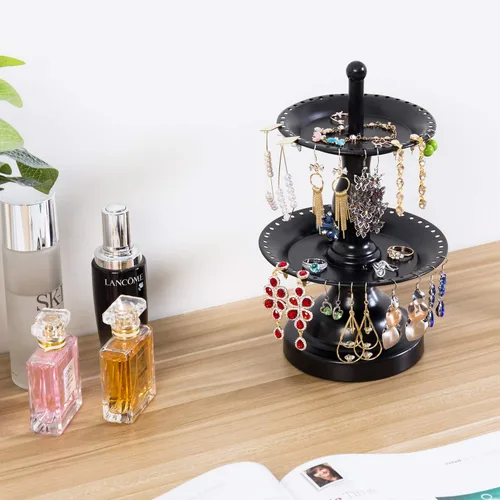 Vista 4 de MyGift Organizador de almacenamiento de aretes, árbol de joyería de metal, collar y colgante de pulsera, con bandeja de anillos de madera, soporte