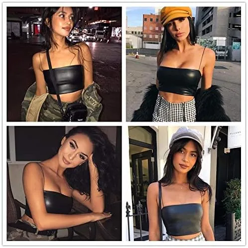 Vista 2 de LXXIASHI Casual Mujeres Negro PU Cuero Camisola Femme Bralette Bodycon Crop Top Señoras Streetwear Halter Verano