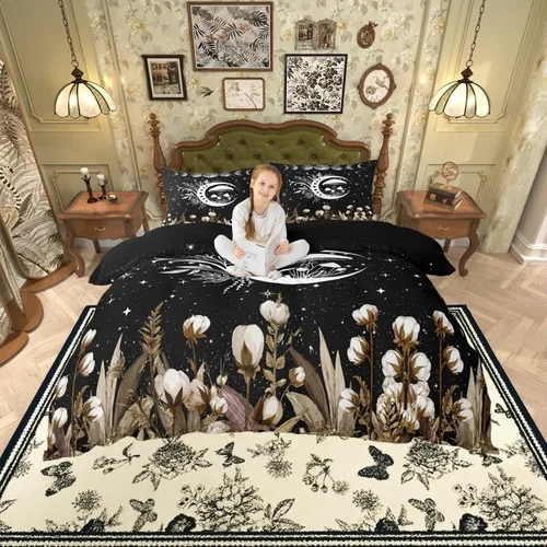 Vista 37 de Juego de ropa de cama de animales de gato misterioso, bohemio, exótico, tribal, abstracto, arte abstracto, juego de funda de edredón para decoración