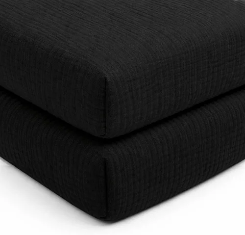 Vista 2 de Paquete de 2 sábanas de muselina negra para cuna, para niños y niñas, de algodón neutro transpirable, para cuna estándar de 28 x 52 pulgadas