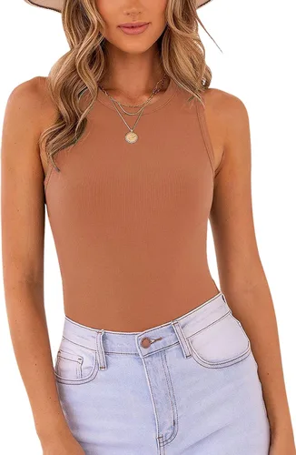 Vista 13 de MISSJOY - Camiseta básica sin mangas para mujer, con espalda cruzada y cuello halter acanalado 1-ejército verde blanco