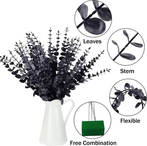 Vista 4 de FEQO 36 tallos de eucalipto negro, hojas artificiales, ramas de eucalipto sintético, ramas de 15 pulgadas para ramo de boda, decoración del hogar