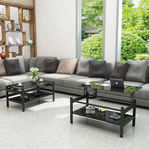 Vista 4 de Mesa de centro de cristal negro para sala de estar, mesa de cóctel Mordern de 2 capas con almacenamiento rectangular de vidrio templado, patas