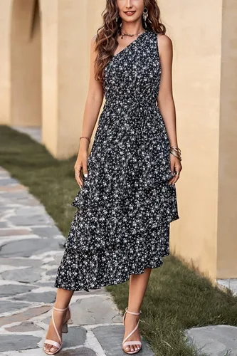 Vista 7 de PRETTYGARDEN Vestido de verano floral para mujer, casual, de un hombro, escalonado, con volantes, a media pierna, vestido bohemio para la playa