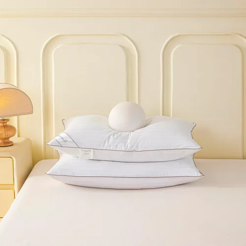 Vista 3 de Almohada de cama de plumas de ganso para dormir, almohada de cama suave tamaño queen, funda de 100% algodón, tamaño Queen, rayas blancas, 1 paquete