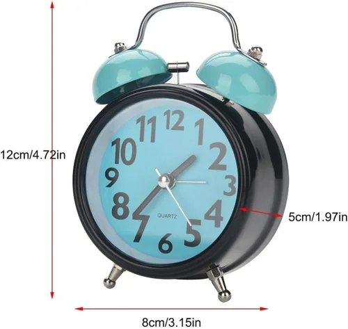 Vista 8 de Boquite Reloj despertador, reloj despertador mecánico, doble reloj despertador mecánico ultra silencioso movimiento de cuarzo mesa de escritorio