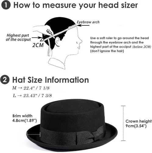 Vista 5 de Men's Women Crushable Pork Pie Fedora Hats 100% Wool Felt Porkpie Hats equiped a Grosgrain Ribbon with a Bow