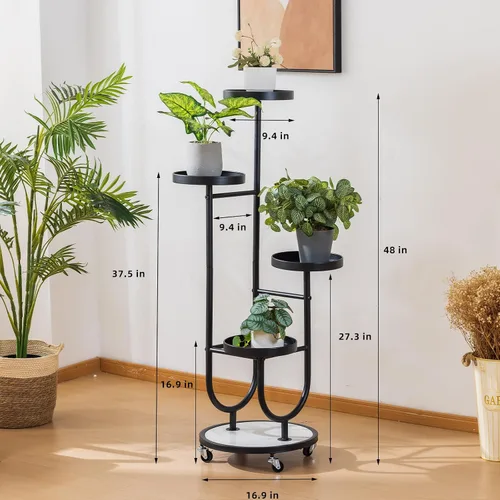 Vista 3 de CHPHI Soporte para plantas de hierro forjado de 4 niveles para interiores, estante alto de metal para múltiples plantas, soporte de metal con ruedas