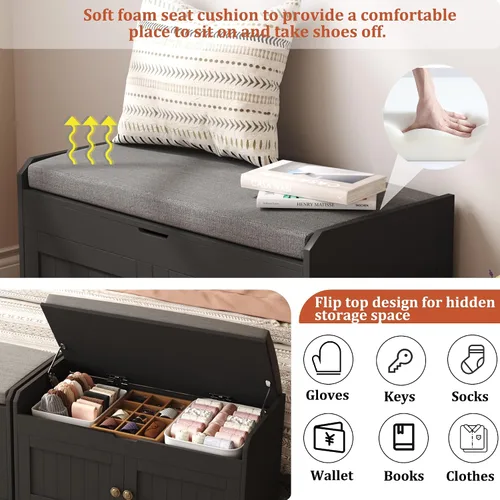 Vista 6 de HOMEFORT Banco para Zapatos de 30" con Almacenamiento de Tapa Elevable, Banco de Entrada con Asiento Acolchado, Banco de Madera para Pie de Cama