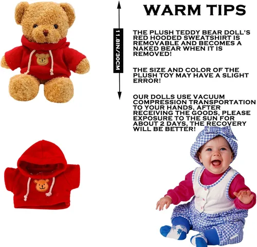 Vista 3 de Oso de peluche de 11.8 pulgadas, lindo oso de peluche con capucha para niños, rojo