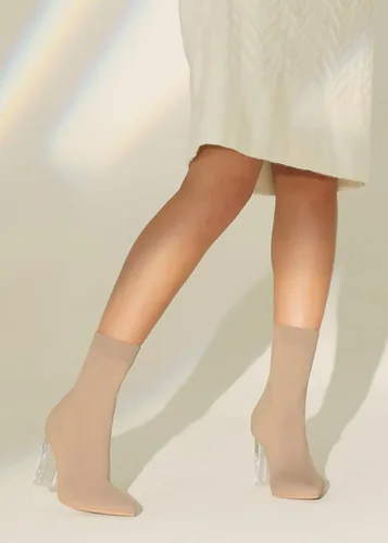 Vista 3 de Shoe'N Tale - Botas de tobillo con calcetín de punto para mujer, con punta, tacón medio transparente, fáciles de poner, botines elásticos Marrón