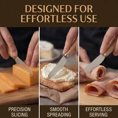 Vista 6 de Pequeños cuchillos esparcidores de queso, mango de madera, 5 pulgadas, cuchillos de cóctel de acero inoxidable para condimentos, queso, mantequilla