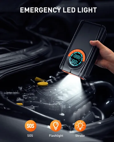 Vista 6 de Arrancador de batería HIPOM con compresor de aire, arrancador de batería de coche (8.0 Gas/7.0L Diesel), arrancador de batería portátil con inflador