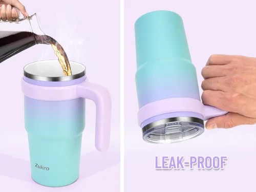 Vista 6 de Zukro - Vaso aislado con forro de cerámica de 20 onzas con asa y pajilla, diseño a cuadros No Metal Taste, Double Wall Stainless Steel Coffee Cup