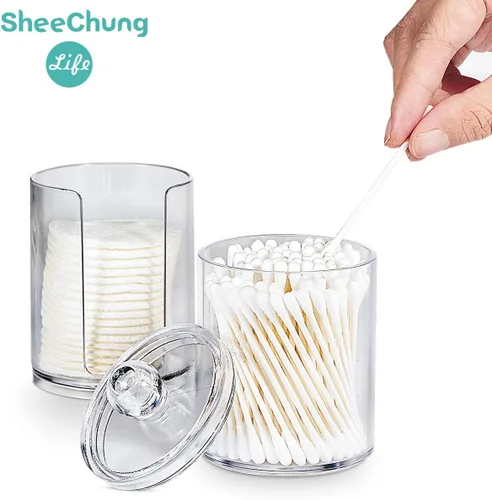 Vista 2 de SheeChung juego de dispensador de cotonetes - frascos de boticario de baño de plástico acrílico transparente para bolas de algodón, hisopos