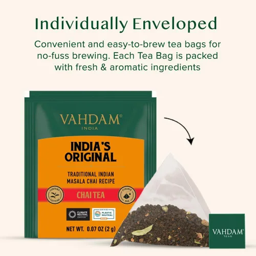 Vista 4 de VAHDAM - 30 bolsitas de té Masala Chai, sin gluten y sin OMG, té negro, cardamomo, canela, pimienta negra y clavo, sin saborizante añadido