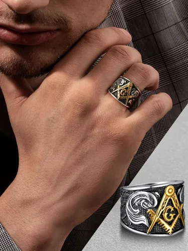 Vista 3 de FaithHeart Anillos de sello masónico para hombres, joyería masónica de acero inoxidable, anillo de pulgar punk con embalaje delicado
