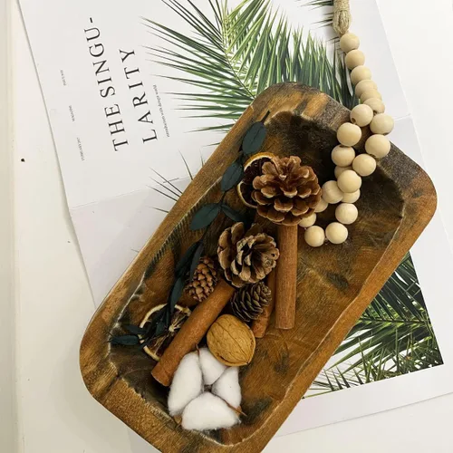 Vista 5 de Cuencos de masa de madera decorativos, cuencos largos rústicos para decoración de pan, bandeja de madera, tallados a mano para decoración de centro