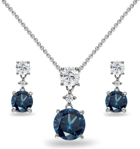 Vista 10 de B. BRILLIANT Plata esterlina genuina, creada o simulada con piedra preciosa y topacio blanco redondo, juego de collar y aretes colgantes de 3