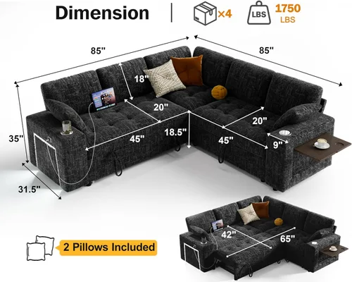 Vista 3 de Vipbear Sofá cama modular de 86 pulgadas con cama extraíble, sofá en forma de L de felpilla de 5 asientos con puertos USB, portavasos, mesa Negro