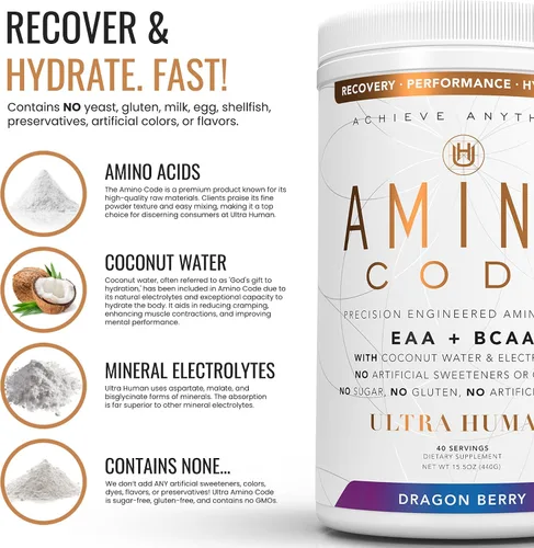 Vista 4 de Ultra Human Amino Code Aminoácidos esenciales + BCAA + electrolitos de agua de coco Bebida energética de aminoácidos saborizados