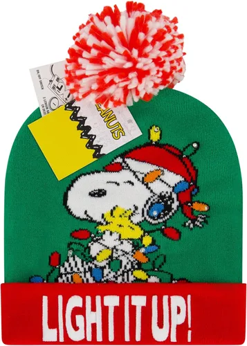 Vista 3 de Peanuts Beanie Hat, Snoopy y Woodstock - Suéter de punto de invierno con pompón y puño, color verde, talla única, Verde