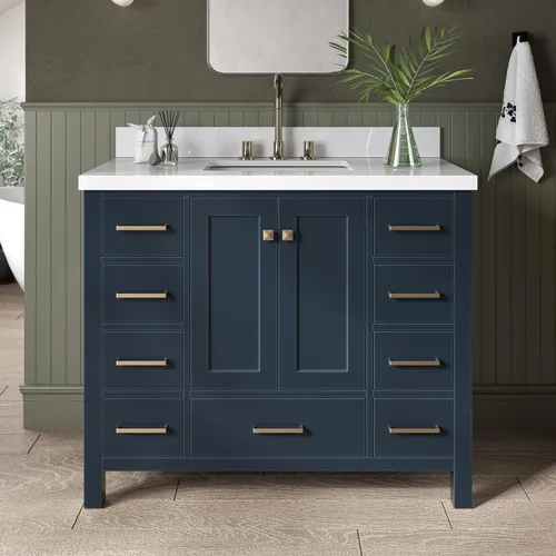 Vista 4 de ARIEL Cambridge - Mueble de baño con lavabo de 42 pulgadas, madera maciza, encimera de cuarzo blanco puro de 1.5 pulgadas, fregadero rectangular