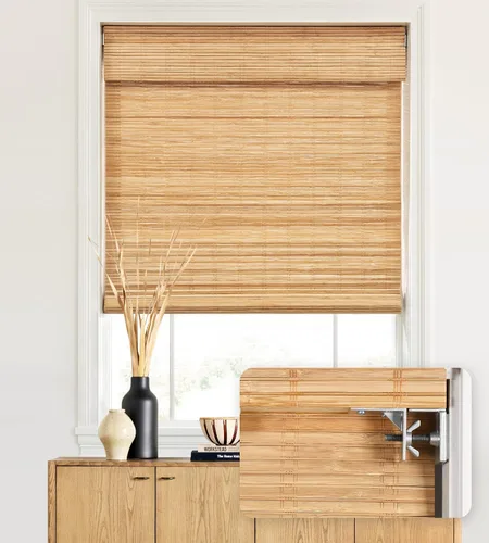 Vista 38 de LazBlinds - Cortinas romanas de bambú personalizadas sin cordón, tratamiento de ventana con filtro de luz, persianas enrollables de bambú retro