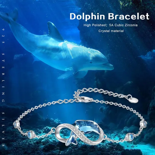Vista 3 de Pulsera de delfín para mujer, de plata de ley, tobilleras de delfín, impermeables, hipoalergénicas, dijes de cristal, regalo único de Navidad