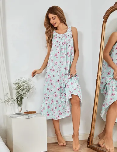 Vista 3 de MZROCR Camisones de algodón para mujer, suave, sin mangas, para adultos, ropa de dormir con volantes