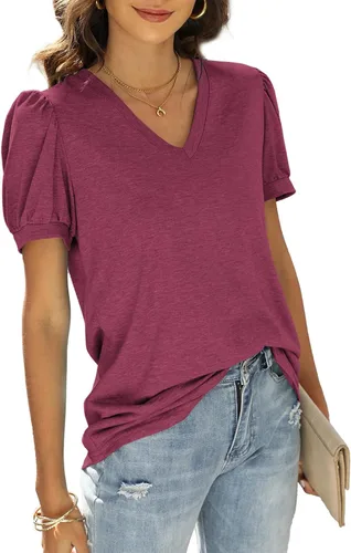 Vista 3 de WIHOLL - Blusas de verano para mujer, con cuello en V y mangas abullonadas, camisetas de moda casual