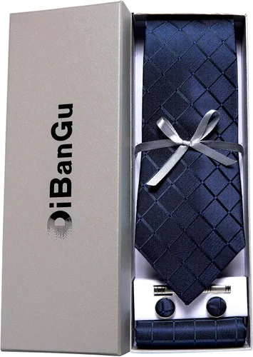 Vista 3 de DiBanGu Corbata de seda a cuadros para hombre corbata y bolsillo juego de gemelos cuadrados de corbata para boda negocios