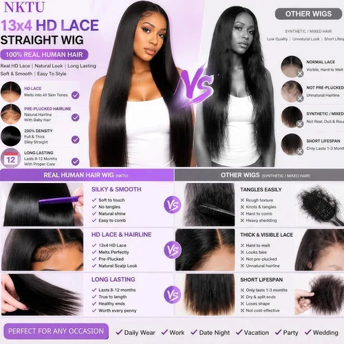 Vista 4 de NKTU Pelucas de cabello humano con encaje frontal, sin pegamento, para Color natural recto