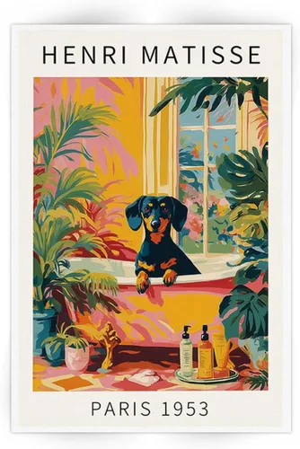 Vista 18 de Divertido perro baño pared arte Henri Matisse habitación estética retro rosa decoración Dachshund en la bañera lienzo pintura impresión obras