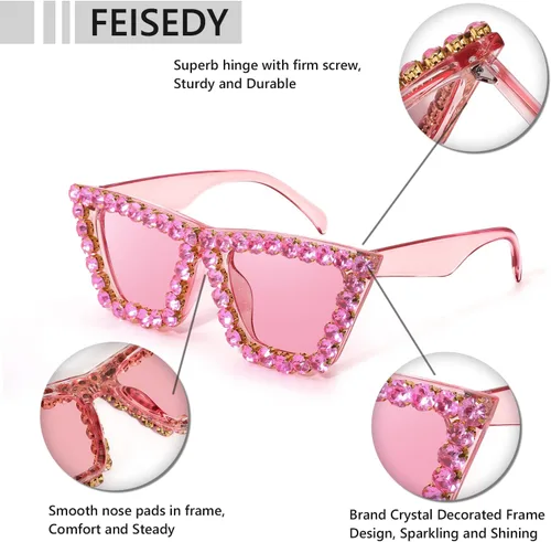 Vista 4 de FEISEDY Gafas de sol de ojo de gato cuadradas de cristal para mujer, gafas de sol brillantes de moda retro Cateye B2898
