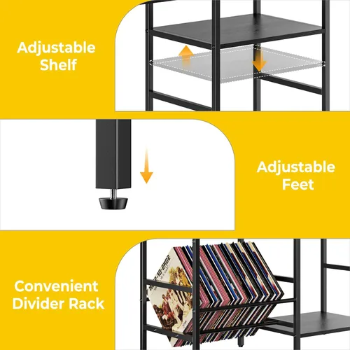 Vista 11 de Soporte para tocadiscos con luz LED, soporte para tocadiscos con almacenamiento de vinilo para más de 300 álbumes, gabinete multimedia de 3 niveles
